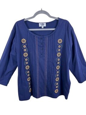 C&K Designs Vintage Womens Blue Floral Embroidered 3/4 Sleeve Button Neck Top XL